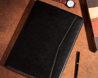 Personalized Vegan Leather Portfolio, Men's Black Leather Portfolio, A4 Custom Journal Cover, Custom Logo&Name Portfolio, Gift for collegue