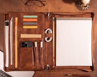 Personalized Leather Portfolio for men,Men's  Custom Leather Portfolio,Zippered Portfolio,A4 Notepad Holder, iPad Case, Company Party Gift