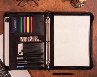 May include: Black leather portfolio with a zipper, open to reveal a notepad, card slots, and a pocket. A passport, Vogue card, and a smartphone are visible. A laptop, glasses, pen, and candle holder are also present.