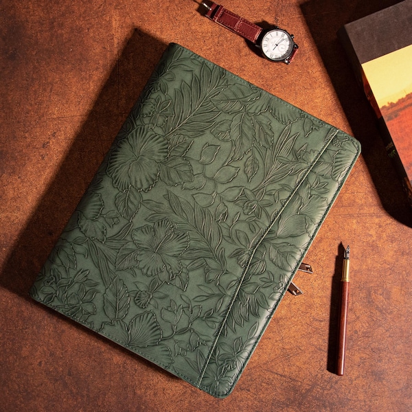 Personalized Leather Portfolio, A4 Custom Journal Cover for Women,Embossed PU Leather Padfolio for 13" MacBook,Company Gift,Anniversary gift