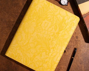 Personalized Leather Portfolio for Women, A4 Notepad Holder, Yellow Embossed PU Leather Padfolio for 13" MacBook, Custom Gifts for Her/Mom