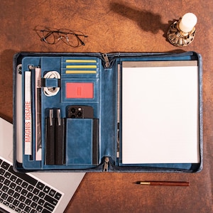Personalized Portfolio, Blue Embossed Portfolio, Women PU Leather Portfolio, Custom Portfolio for Her, a4 Notepad Holder, Gifts for Him/Her