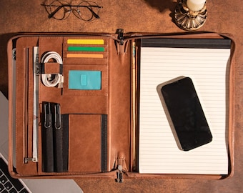Personalized Leather Portfolio for men,Men's  Custom Leather Portfolio,Zippered Portfolio,A4 Notepad Holder, iPad Case, Company Party Gift