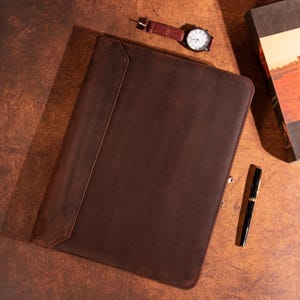 Pasta de 3 argolas, pasta de couro personalizada, pasta de couro genuíno masculina, porta-bloco de notas A4, capa para iPad, presente empresarial para ele