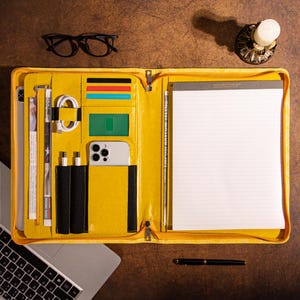 Personalized Leather Portfolio for Women, A4 Custom Journal Cover, Yellow Embossed PU Leather Padfolio for 13" MacBook, Company Gift for Her
