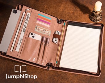 May include: Open, light brown leather portfolio with multiple compartments. Includes a tablet, smartphone, pens, notepad, and cards. Features the text "making us all fat?" and a Hershey's logo. A candle sits nearby.