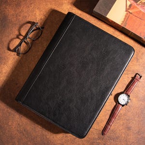 Vintage Black leather Portfolio for Men Personalized, A4 Custom Journal Cover, Personalized Padfolio with Name/Logo, Company Party Gift
