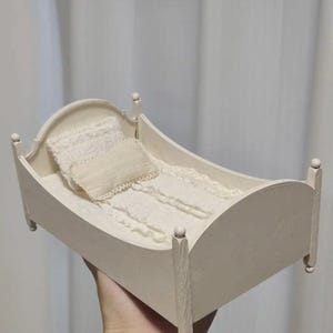 Miniature French Doll Bed | 1:6 1 12 Scale Handmade Dollhouse Furniture | Cream Antique Bed with Bedding for Blythe OB11 BJD