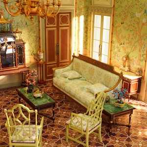 Luxury Chinoiserie Dollhouse Room Box – 1:12 Scale Miniature Parlor Diorama with Furniture, Décor & Lighting – Collector Display