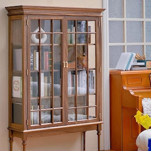 Miniature Wooden Glass Display Cabinet | 1:6 Scale Dollhouse Furniture | Handcrafted Bookcase with Glass Doors