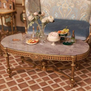 Miniature French Rococo Coffee Table | 1:6 Scale Oval Marble-Top Dollhouse Table | Gilded Victorian Miniature Furniture