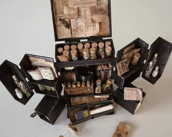 Miniature Alchemist’s Traveling Apothecary Cabinet — Loaded Version — 1:6 — Gothic Curiosity Dollhouse Prop