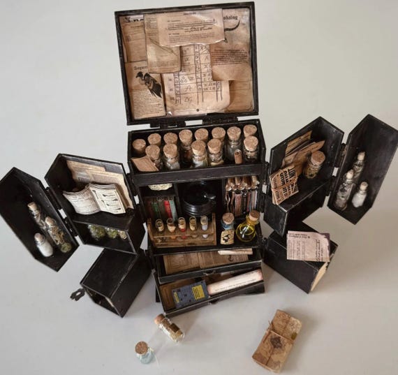 Miniature Alchemist’s Traveling Apothecary Cabinet — Loaded Version — 1:6 — Gothic Curiosity Dollhouse Prop