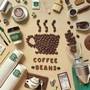 Könnte beinhalten: Eine Draufsicht auf Kaffeeartikel. Eine Tasse aus Kaffeebohnen ist umgeben von Kaffeetassen, einer Kaffeemühle, einer Kaffeetasse mit Latte Art und den Worten "COFFEE BEANS" aus Kaffeebohnen.