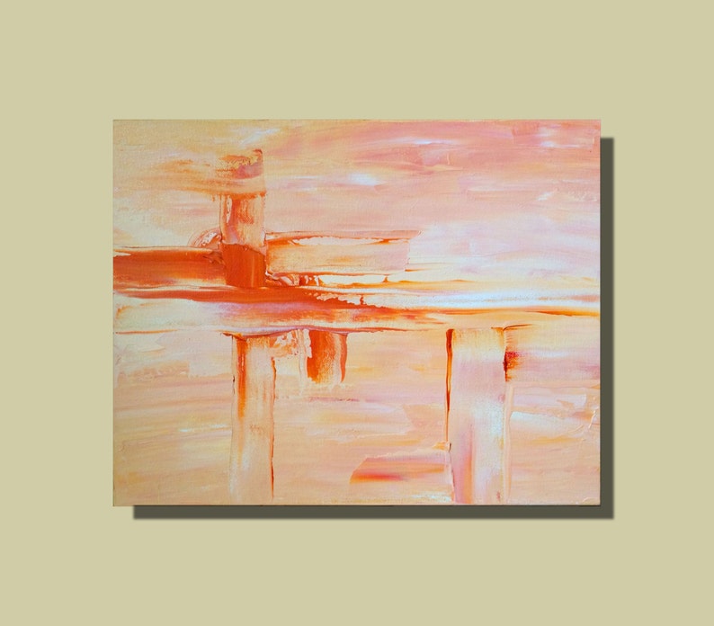 Abstract contemporary art modern painting in pastel coral and bold orange image 1