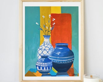 Blue Vases Modern Still Life Print | Original Artwork Poster | Art For Wellness | Kitchen & Living Room | Unframed