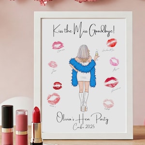 Könnte beinhalten: Weiß gerahmter Druck mit dem Text "Kiss the Miss Goodbye!" und "Olivia's Hen Party Corfu 2025". Der Druck zeigt eine Cartoon-Illustration einer Frau, umgeben von Lippenstiftküssen. Ein Lippenstift und zwei Lipglosse befinden sich im Vordergrund.
