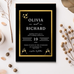 Black and Gold Wedding Invitation Template: Elegant Modern Design (Digital Download)