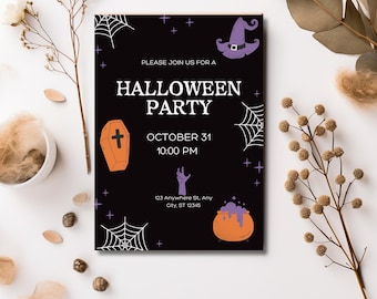 Peut inclure: Invitation à une fête d'Halloween en noir et blanc avec un chapeau de sorcière, un cercueil, un chaudron et une toile d'araignée. Le texte indique "Veuillez nous rejoindre pour une fête d'Halloween, le 31 octobre, 22h00, 123 Anywhere St, Any City, ST 12345".