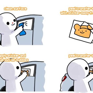Peut inclure: Une bande dessin&eacute;e en quatre cases montrant comment appliquer un autocollant sur une surface. La premi&egrave;re case montre une personne nettoyant une surface avec un flacon pulv&eacute;risateur. La deuxi&egrave;me case montre une personne en train de d&eacute;coller le film de transfert d'un autocollant. La troisi&egrave;me case montre une personne en train d'appliquer l'autocollant sur la surface. La quatri&egrave;me case montre une personne en train de d&eacute;coller le film de transfert de l'autocollant.