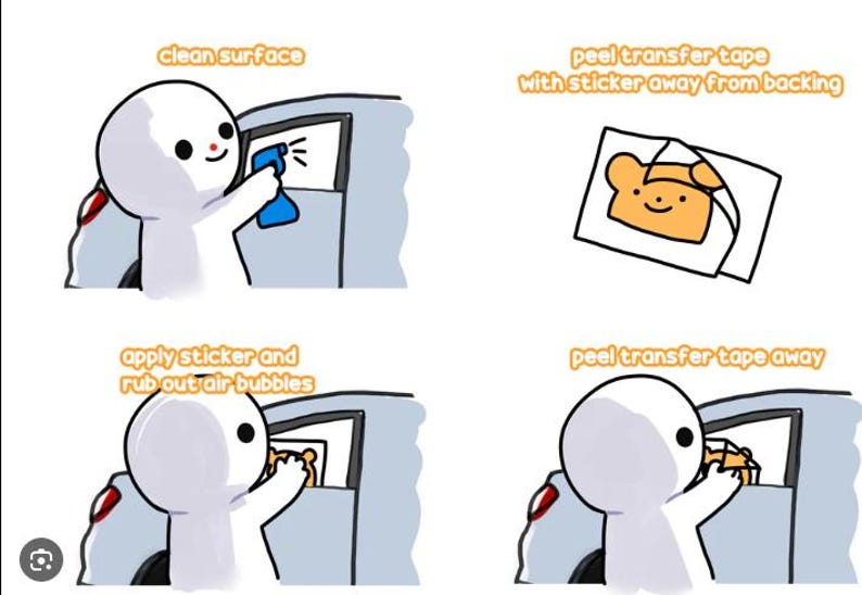 Peut inclure: Une bande dessin&eacute;e en quatre cases montrant comment appliquer un autocollant sur une surface. La premi&egrave;re case montre une personne nettoyant une surface avec un flacon pulv&eacute;risateur. La deuxi&egrave;me case montre une personne en train de d&eacute;coller le film de transfert d'un autocollant. La troisi&egrave;me case montre une personne en train d'appliquer l'autocollant sur la surface. La quatri&egrave;me case montre une personne en train de d&eacute;coller le film de transfert de l'autocollant.