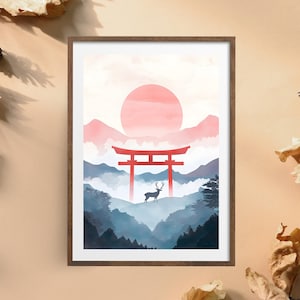 Póster de ciervo japonés al amanecer / Arte mural con puerta Torii / Impresión minimalista de paisaje japonés / Arte mural digital con ciervos serenos y amanecer