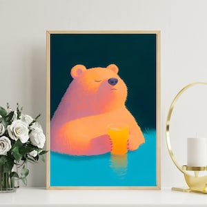 Ruhiger Bär mit Orangensaft Poster | Entspannende Bär Wand Kunst | Niedliche Bären Illustration | Skurril Tier Digital Druck | Kuscheltier