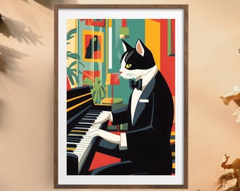 Elegant Piano Cat Wall Art | Jazz Cat Poster | Sophisticated Musician Cat Print | Retro Aesthetic Animal Artwork | Stylish Music Lover Decor