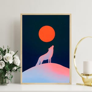 Cartaz de lobo branco místico uivando para a lua vermelha | Arte de parede da lua do lobo | Arte digital animal etérea