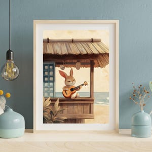 Cute Bunny Playing Ukulele Poster | Adorable Bunny Wall Art | Beachside Bunny Digital Art | Relaxing Bunny Decor | Cute Animal Art Print