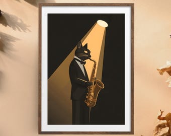 Saxophone Cat Poster | Jazz Night Cat Wall Art | Elegant Cat Musician Digital Print | Retro Noir Cat Illustration | Cool Jazz Animal Decor