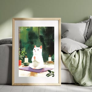 Póster de gato con meditación zen / Arte mural de gato blanco apacible / Ilustración de animal relajante / Decoración de gato de inspiración japonesa / Escena de yoga serena