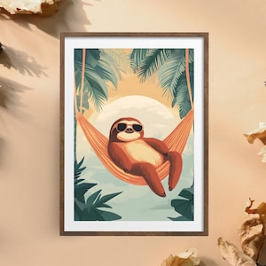 ハンモックでくつろぐナマケモノのポスター | トロピカルなナマケモノのウォールアート | サングラスをかけたかわいいナマケモノのプリント | 夏の雰囲気の動物アート | 楽しいジャングルの装飾