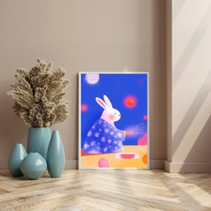 Wunderliches Kaninchen in sternenklarer Nacht Poster | Niedliches Kaninchen Wandkunst | Magische Tier Illustration | Fantasy Kaninchen Dekor | Verträumter Nachthimmel