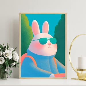 Cute Rabbit with Sunglasses Poster | Adorable Bunny Wall Art | Whimsical Rabbit Art Print | Cartoon Bunny Adventure Decor | Kawaii Animal