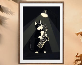 Jazz Cat Poster | Saxophone Cat Wall Art | Musician Cat Digital Print | Cool Jazz Animal Illustration | Retro Music-Themed Cat Art