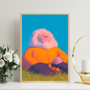 Póster de león meditando sereno / Arte mural de león pacífico / Ilustración animal relajante / Impresión digital de león caprichoso / Naturaleza tranquila