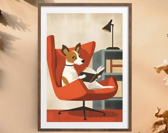 Cozy Reading Dog Poster | Cute Dog Wall Art | Mid-Century Modern Animal Print | Dog Reading Book Illustration | Wall Art for Book Lovers
