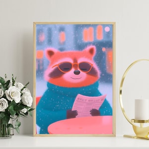 Cool Raccoon Reading Newspaper Poster | Winter Raccoon Wall Art | Cute Animal Art Print | Whimsical Raccoon Illustration | Cozy Winter Decor