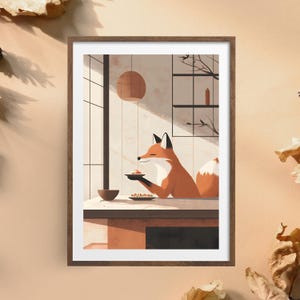Elegant Fox Wall Art | Japanese Fox Poster | Fox in Minimalist Interior Artwork | Cozy Animal Digital Print | Modern Woodland Wall Decor