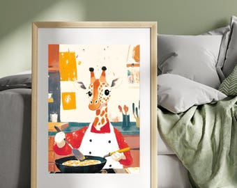 Póster de jirafa chef caprichosa / Arte mural de jirafa cocinando / Ilustración de cocina de animales / Decoración culinaria adorable / Jirafa juguetona