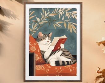 May include: A gray and white cat sits on a red floral patterned armchair and reads a red book with a closed expression. The cat is surrounded by green leafy branches against a blue background.