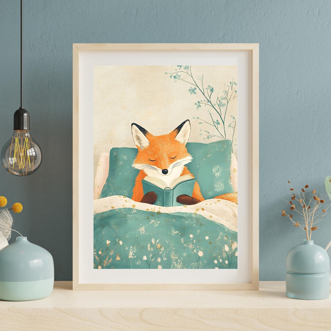 Cute Fox Reading Book Poster | Adorable Fox Wall Art | Cozy Animal ...