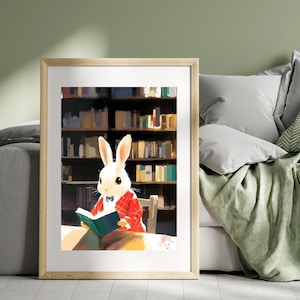 Póster acogedor de conejito leyendo un libro / Arte adorable de conejo / Decoración caprichosa de biblioteca de animales / Arte digital de pared lindo / Ilustración para habitación infantil