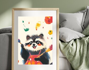 Raccoon Painter Poster | Colorful Raccoon Wall Art | Whimsical Animal Art | Creative Raccoon Illustration | Cute Artistic Animal Decor