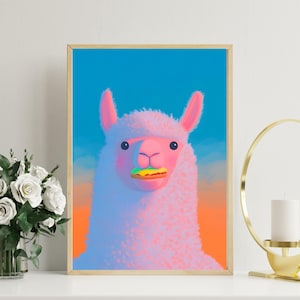 Llama Eating Burger Poster | Quirky Llama Wall Art | Whimsical Animal Illustration | Fun Digital Llama Print | Vibrant Animal Decor