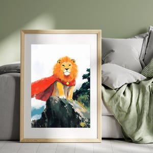Majestic Lion King Poster | Regal Lion Wall Art | Fantasy Animal Illustration | Lion in Red Cape Print | Whimsical Digital Decor
