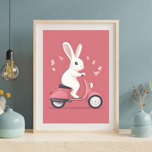 Póster de un lindo conejito en scooter / Arte de pared de un adorable conejo en scooter / Impresión de arte animal caprichosa / Ilustración de un conejito en scooter rosa