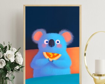 Cute Koala Eating Pizza Poster | Playful Animal Wall Art | Adorable Koala Art Print | Whimsical Cartoon Decor | Kids Room Wall Art