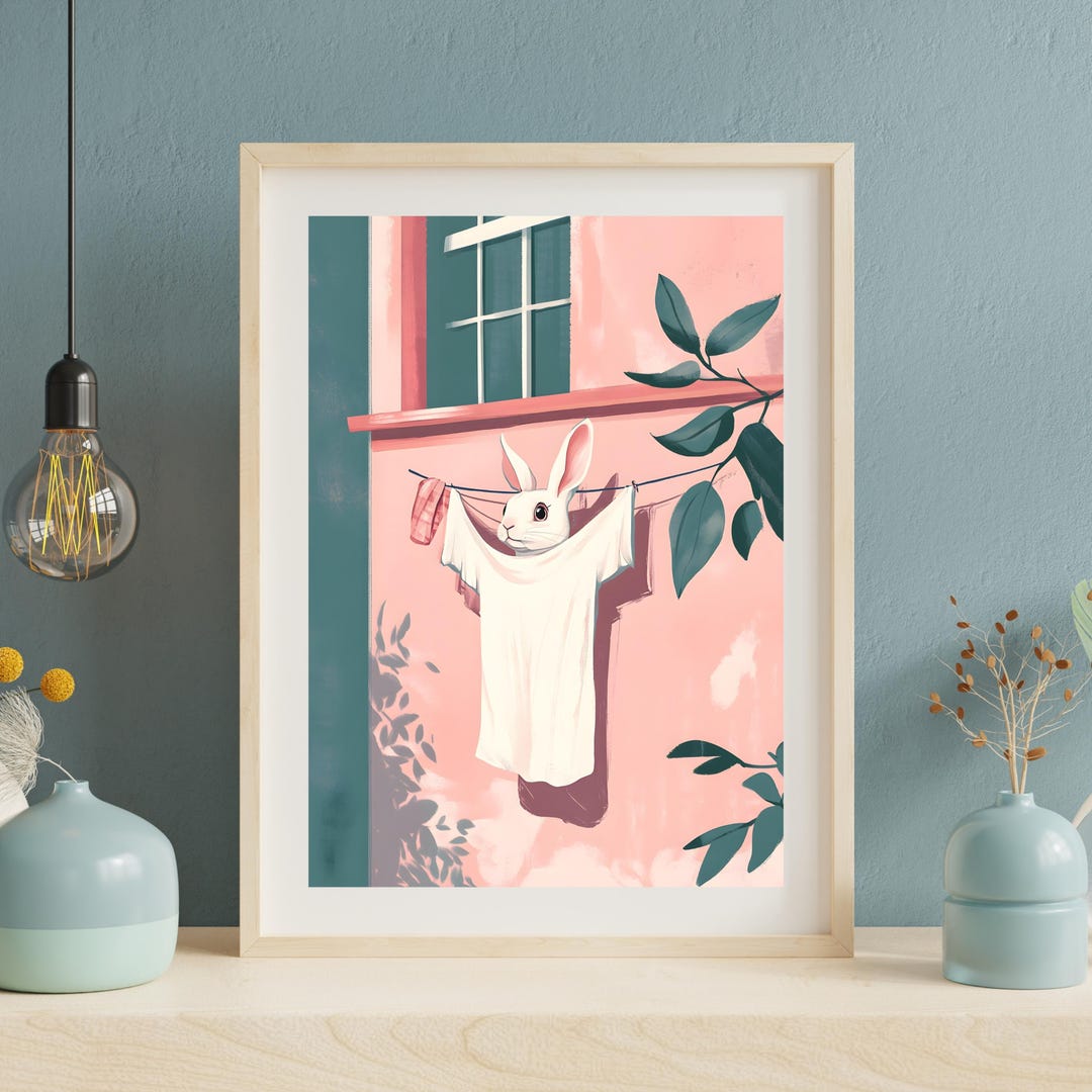 Whimsical Rabbit Wall Art | Cute Bunny Hanging Clothes Poster ...